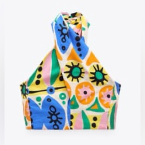 ZARA NWT Women's Printed Blue Yellow Summer Ruched Halter  Crop Top Size Small - Picture 3 of 8
